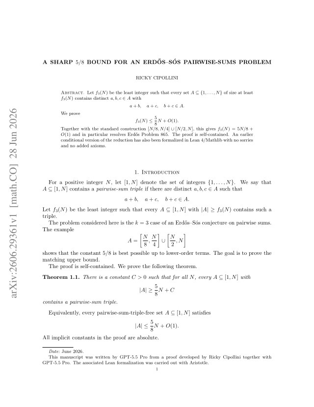 First page of A sharp 5/8 bound for an Erdős-Sós pairwise-sums problem