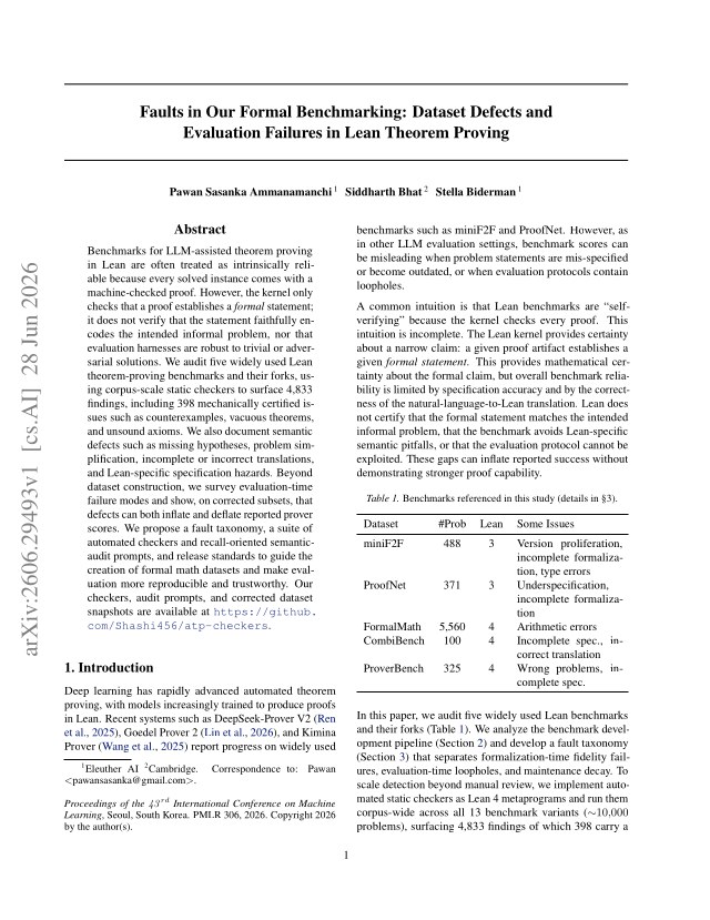 First page of Faults in Our Formal Benchmarking: Dataset Defects and Evaluation Failures in Lean Theorem Proving