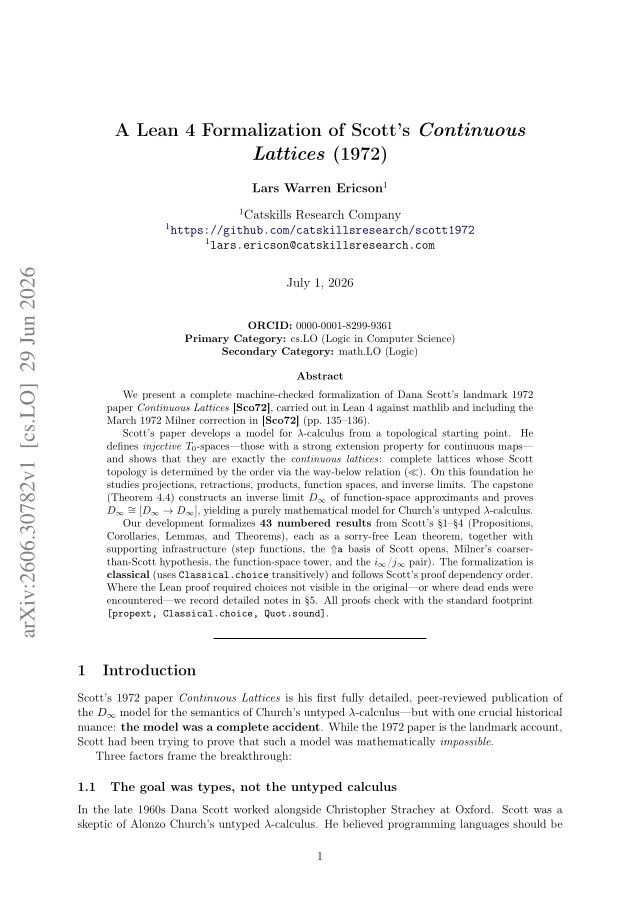 First page of A Lean 4 Formalization of Scott's Continuous Lattices (1972)