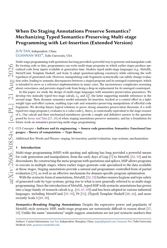 First page of When Do Staging Annotations Preserve Semantics? Mechanizing Typed Semantics-Preserving Multi-stage Programming with Let-Insertion (Extended Version)