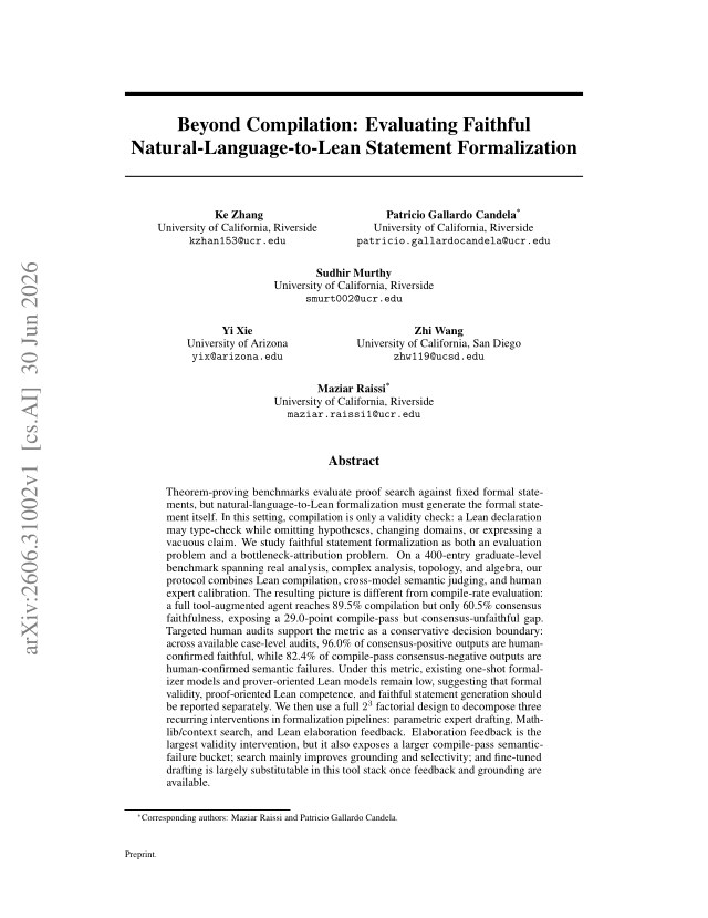 First page of Beyond Compilation: Evaluating Faithful Natural-Language-to-Lean Statement Formalization