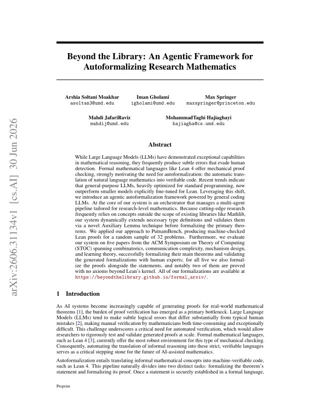 First page of Beyond the Library: An Agentic Framework for Autoformalizing Research Mathematics