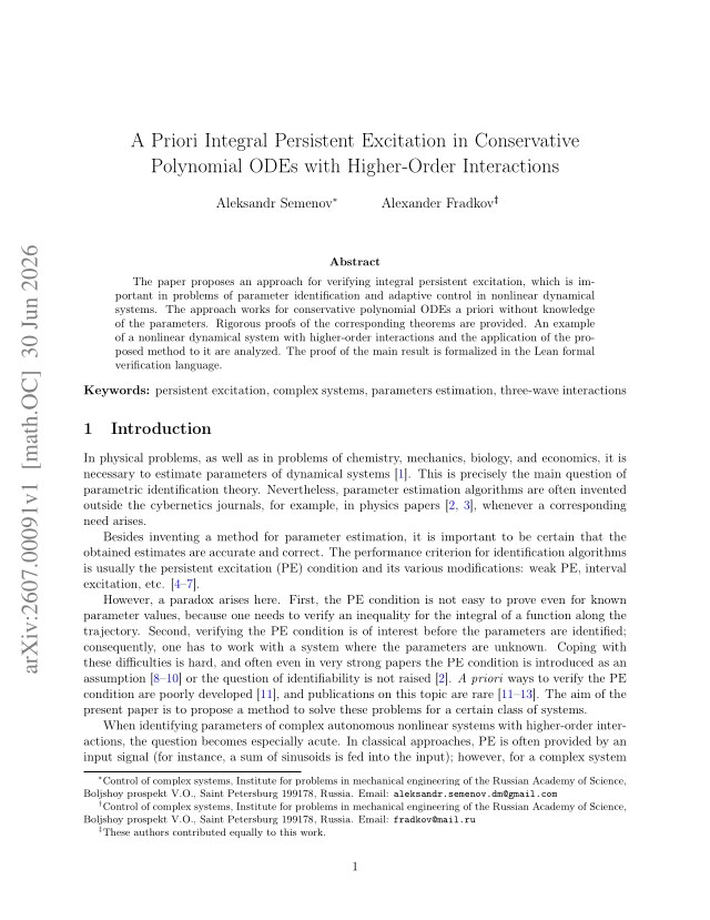 First page of A Priori Integral Persistent Excitation in Conservative Polynomial ODEs with Higher-Order Interactions