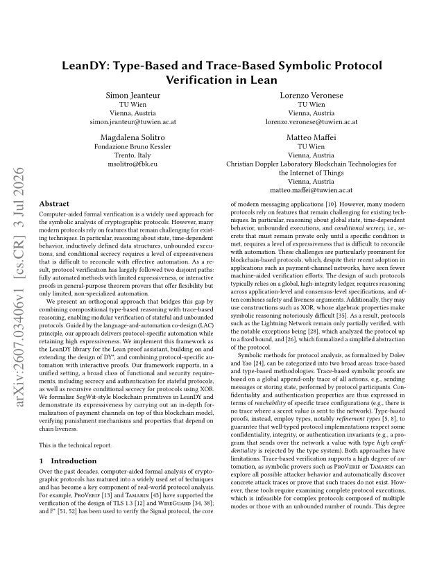 First page of LeanDY: Type-Based and Trace-Based Symbolic Protocol Verification in Lean