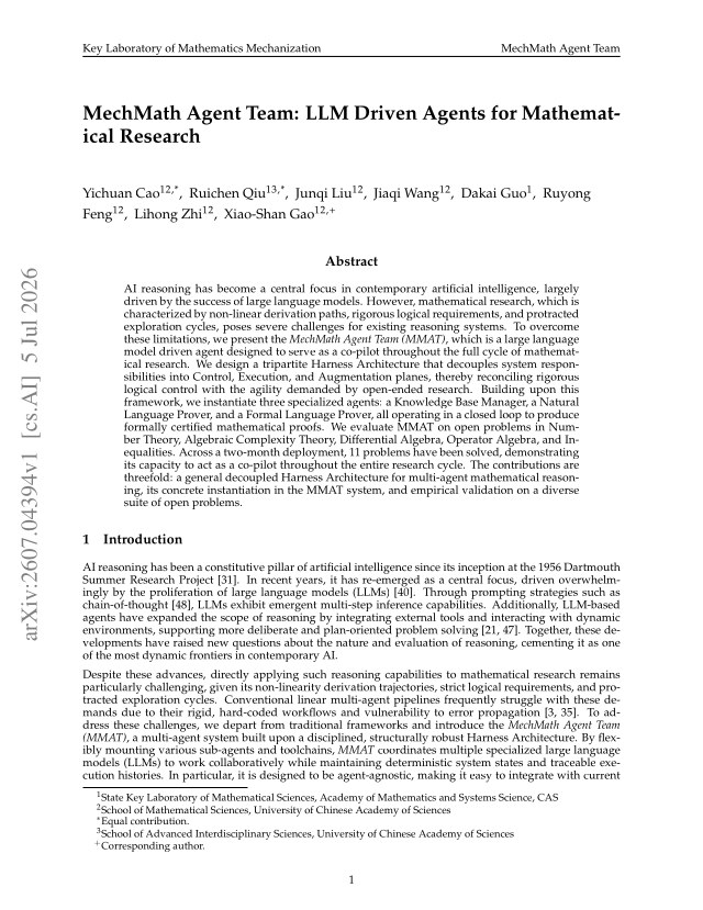 First page of MechMath Agent Team: LLM Driven Agents for Mathematical Research