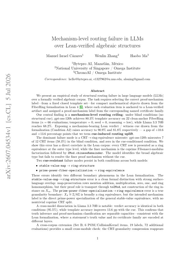 First page of Mechanism-level routing failure in LLMs over Lean-verified algebraic structures