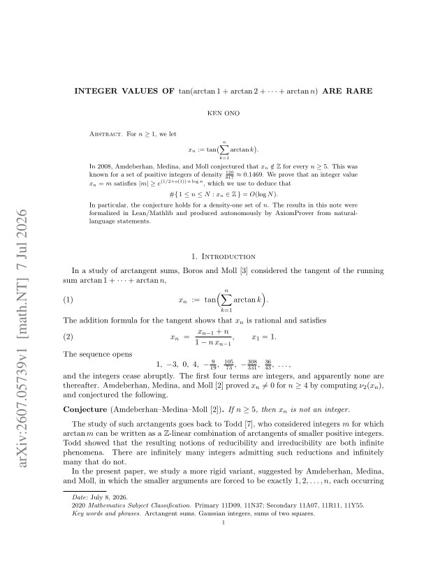 First page of Integer values of $\tan(\arctan 1+\arctan 2+\cdots+\arctan n)$ are rare