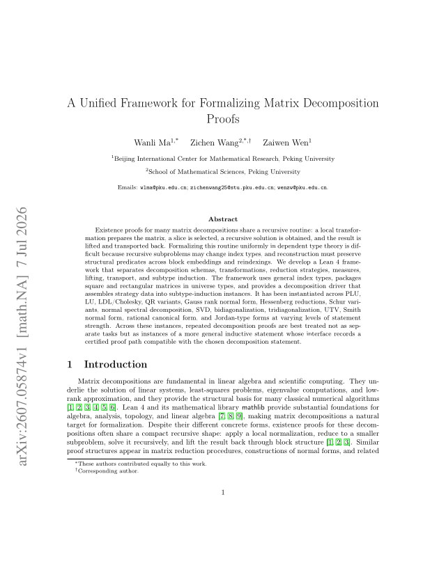 First page of A Unified Framework for Formalizing Matrix Decomposition Proofs