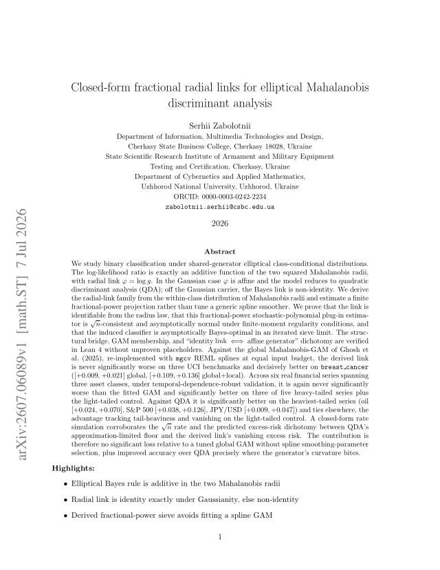 First page of Closed-form fractional radial links for elliptical Mahalanobis discriminant analysis