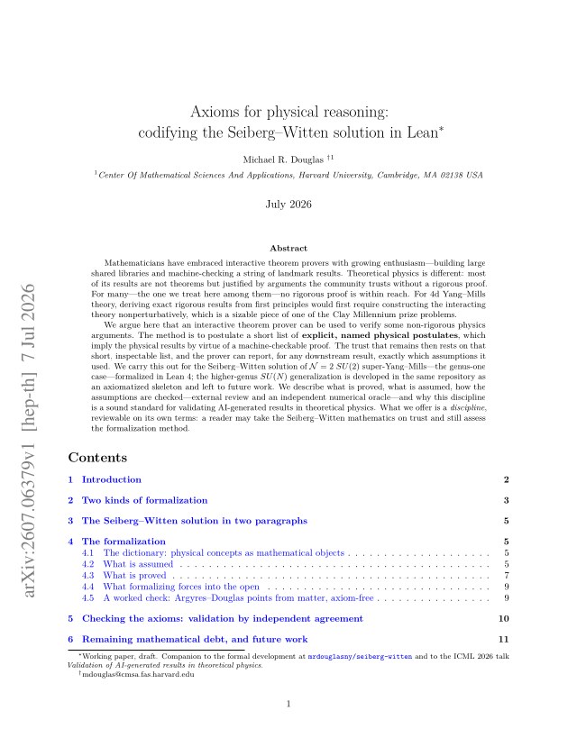 First page of Axioms for physical reasoning: codifying the Seiberg–Witten solution in Lean
