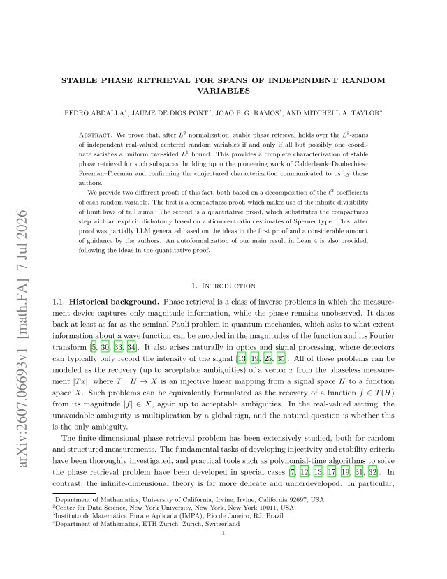 First page of Stable Phase Retrieval for Spans of Independent Random Variables