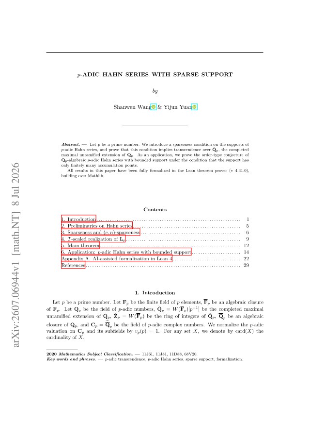 First page of $p$-adic Hahn series with sparse support