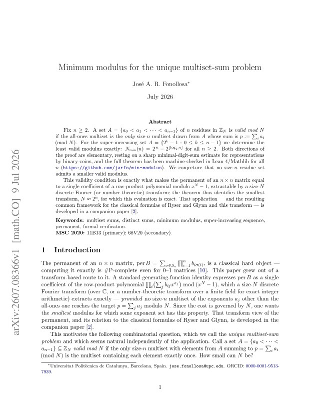 First page of Minimum modulus for the unique multiset-sum problem