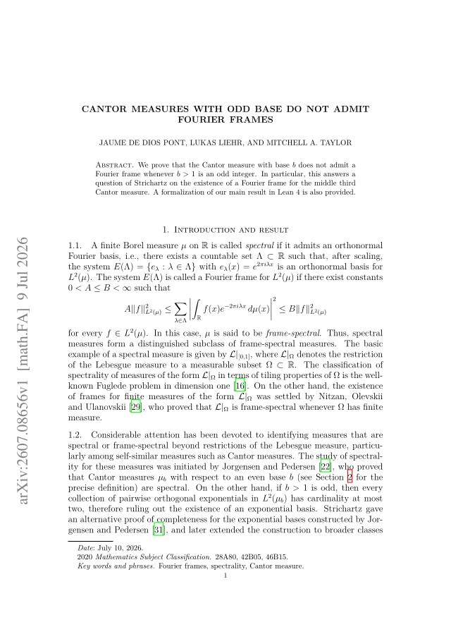 First page of Cantor measures with odd base do not admit Fourier frames