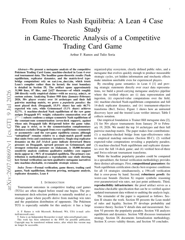 First page of From Rules to Nash Equilibria: A Lean 4 Case Study in Game-Theoretic Analysis of a Competitive Trading Card Game