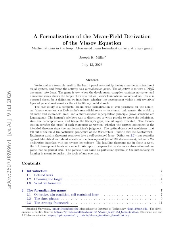 First page of A Formalization of the Mean-Field Derivation of the Vlasov Equation: AI-Assisted Lean Formalization as a Strategy Game