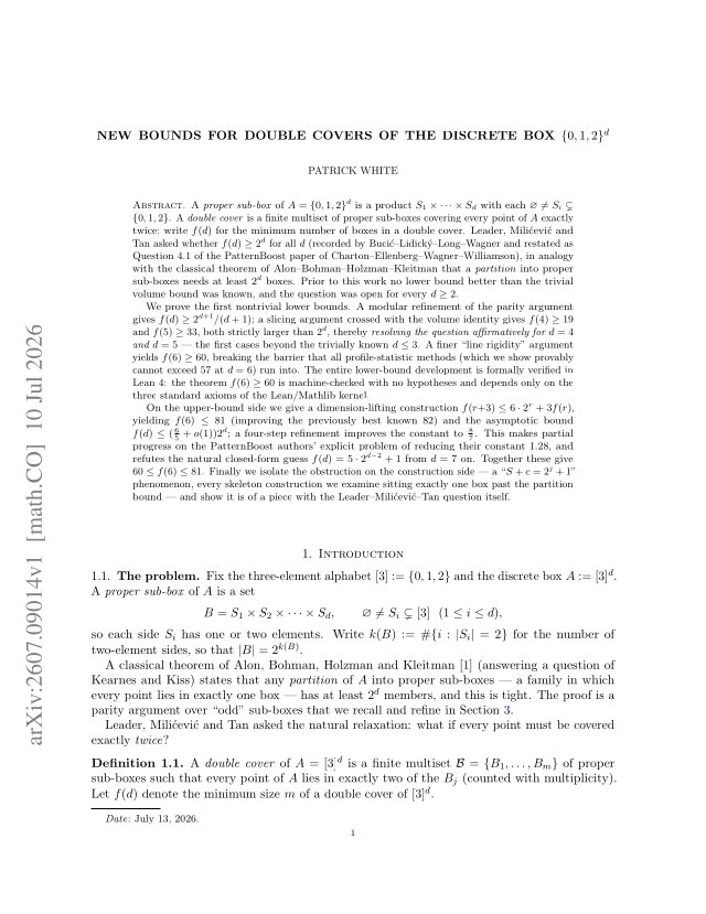 First page of New bounds for double covers of the discrete box {0,1,2}^d