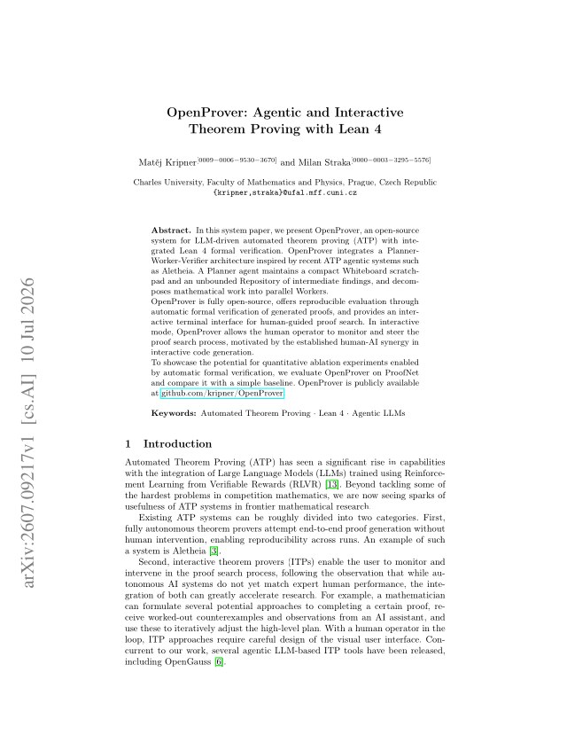 First page of OpenProver: Agentic and Interactive Theorem Proving with Lean 4