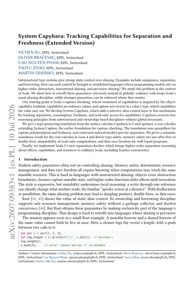 First page of System Capybara: Tracking Capabilities for Separation and Freshness (Extended Version)