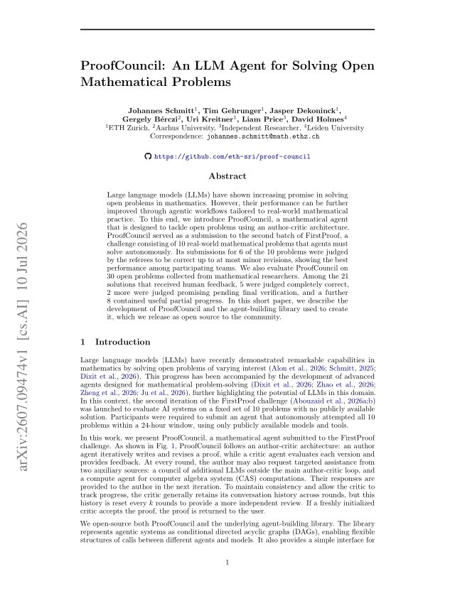 First page of ProofCouncil: An LLM Agent for Solving Open Mathematical Problems