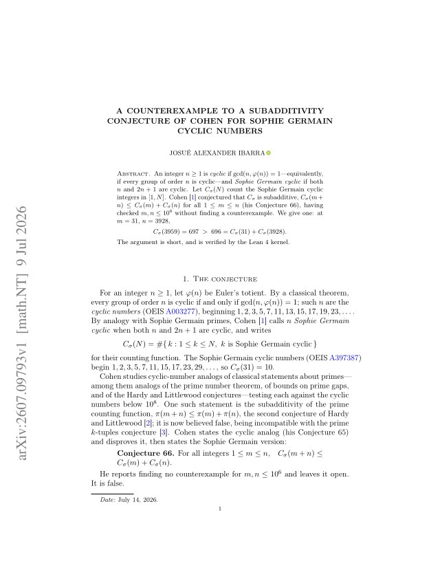 First page of A counterexample to a subadditivity conjecture of Cohen for Sophie Germain cyclic numbers