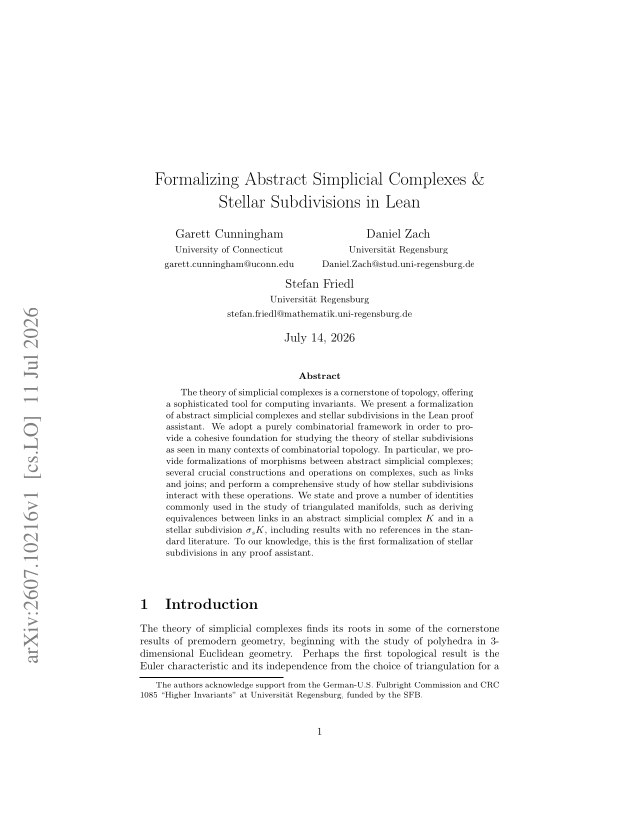 First page of Formalizing Abstract Simplicial Complexes & Stellar Subdivisions in Lean