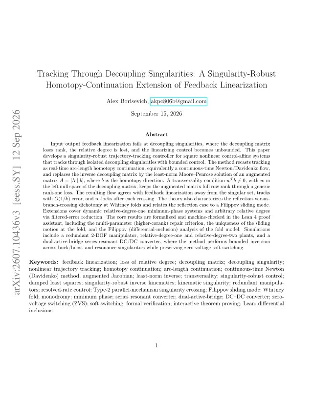 First page of Tracking Through Decoupling Singularities: A Singularity-Robust Homotopy-Continuation Extension of Feedback Linearization