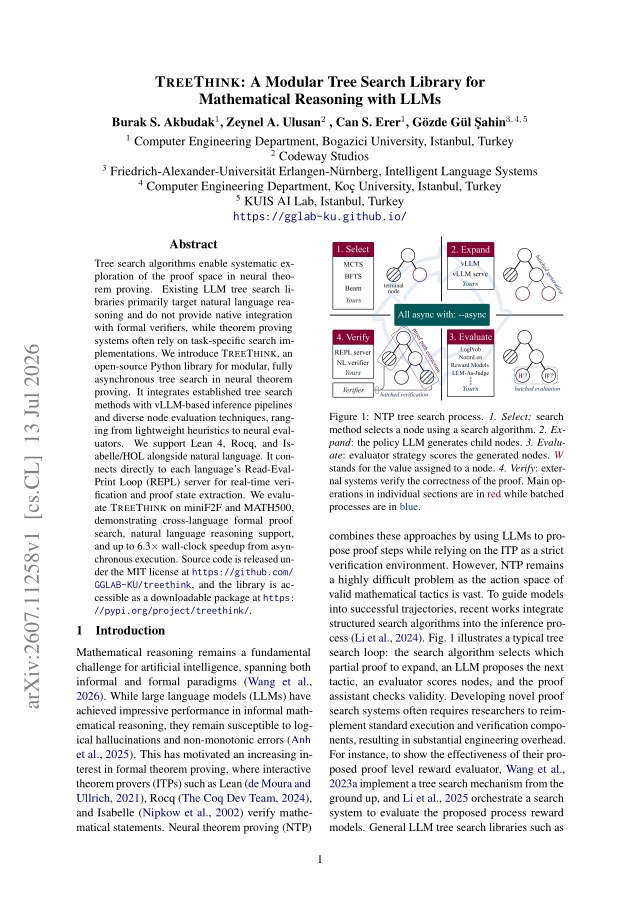 First page of TreeThink: A Modular Tree Search Library for Mathematical Reasoning with LLMs