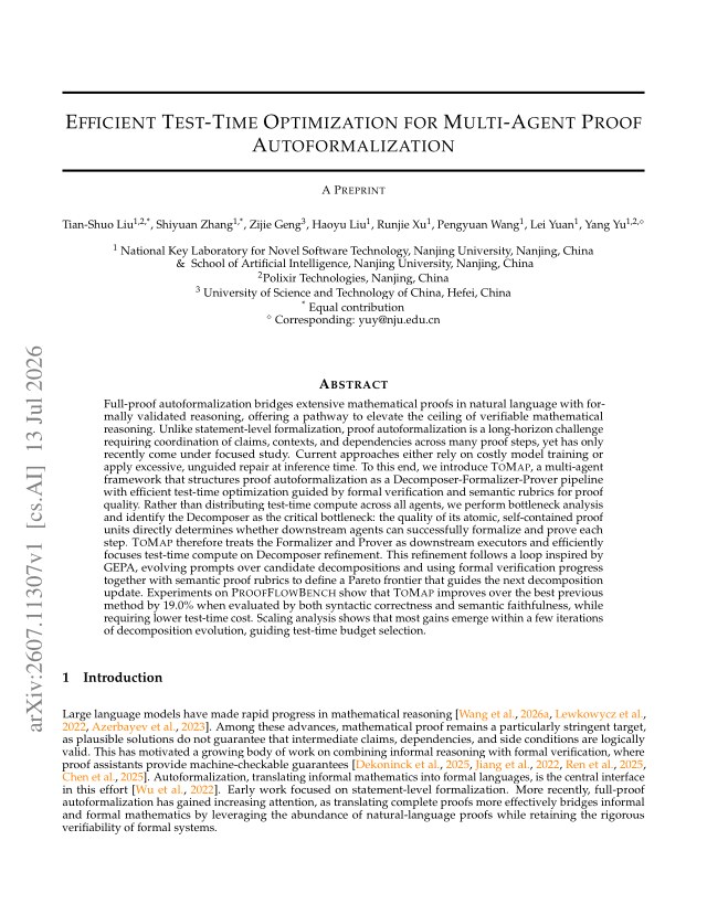 First page of Efficient Test-Time Optimization for Multi-Agent Proof Autoformalization