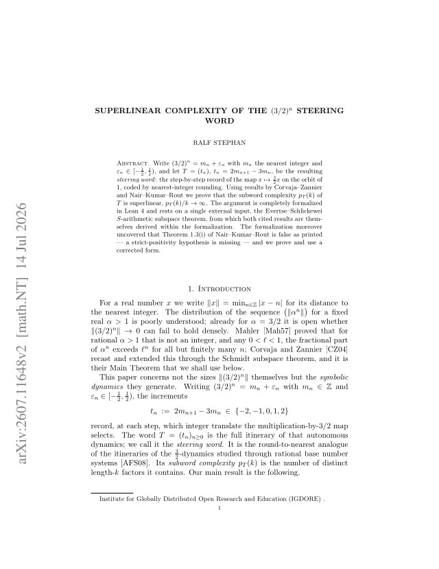 First page of Superlinear complexity of the $(3/2)^n$ steering word