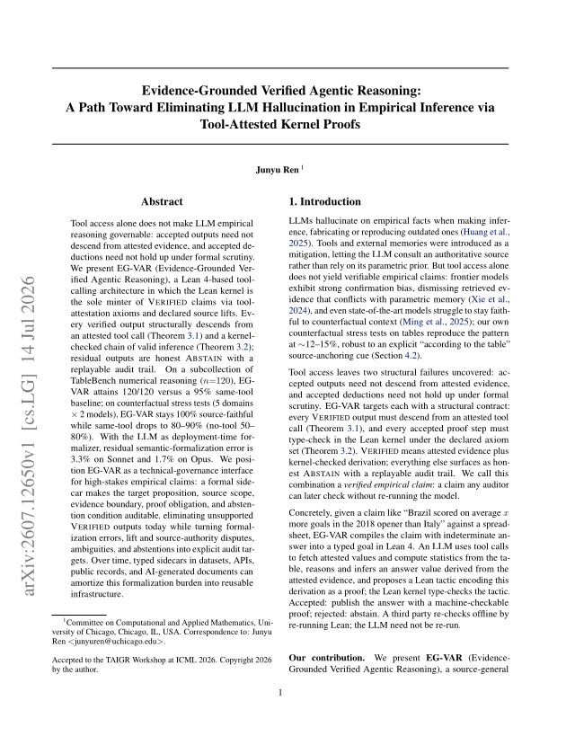 First page of Evidence-Grounded Verified Agentic Reasoning: A Path Toward Eliminating LLM Hallucination in Empirical Inference via Tool-Attested Kernel Proofs