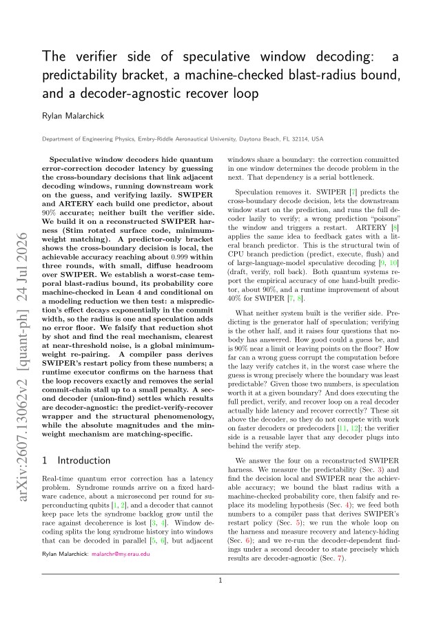 First page of The verifier side of speculative window decoding: a predictability bracket, a machine-checked blast-radius bound, and a decoder-agnostic recover loop