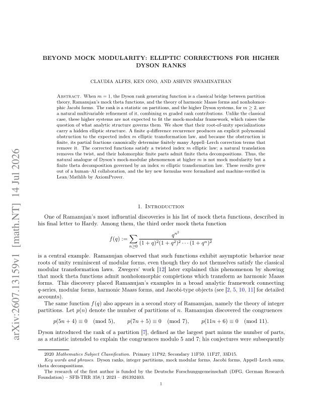 First page of Beyond Mock Modularity: Elliptic Corrections for Higher Dyson Ranks