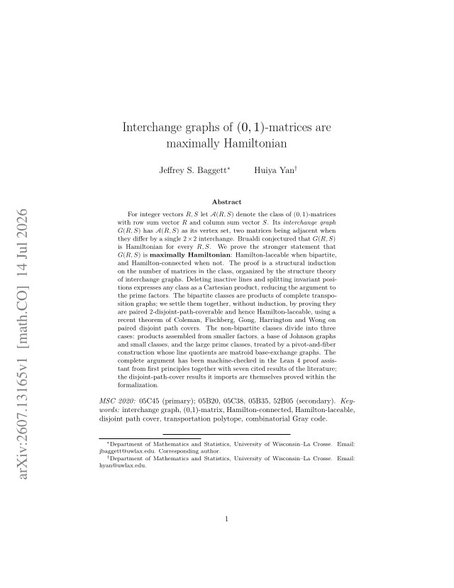 First page of Interchange graphs of (0,1)-matrices are maximally Hamiltonian