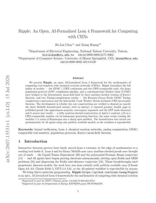 First page of Ripple: An Open, AI-Formalized Lean 4 Framework for Computing with CRNs
