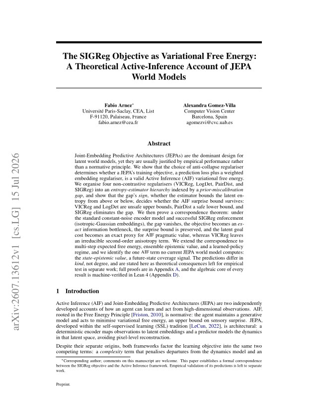 First page of The SIGReg Objective as Variational Free Energy: A Theoretical Active-Inference Account of JEPA World Models