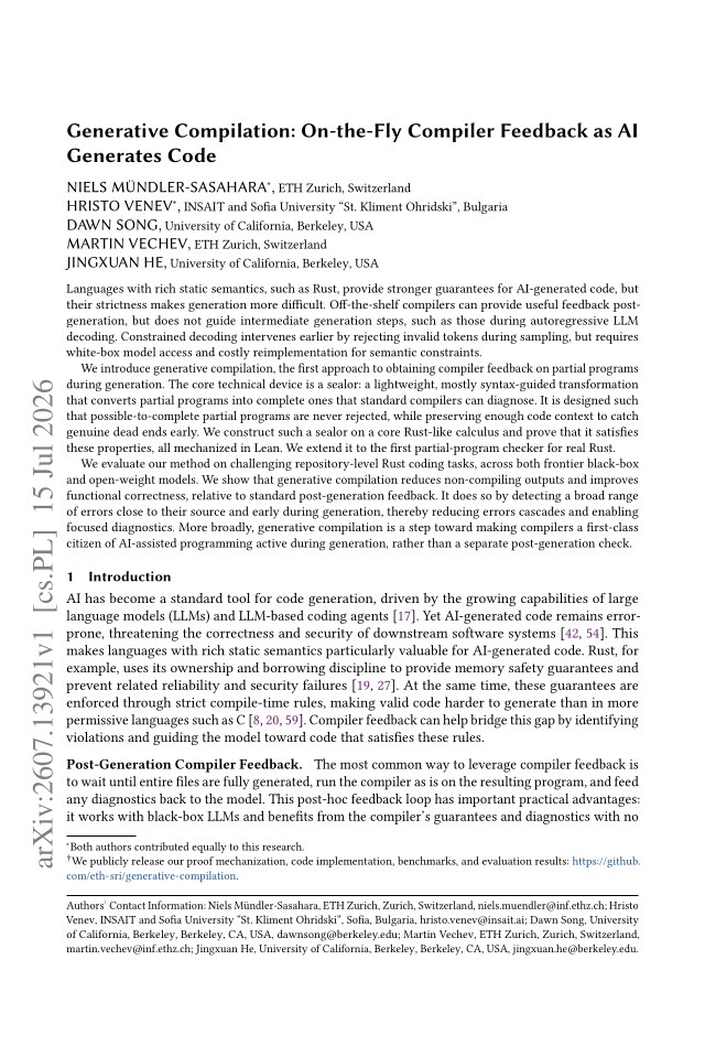 First page of Generative Compilation: On-the-Fly Compiler Feedback as AI Generates Code
