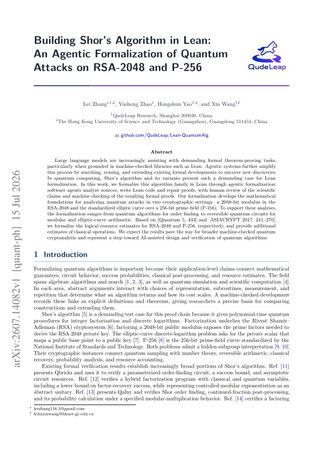 First page of Building Shor's Algorithm in Lean: An Agentic Formalization of Quantum Attacks on RSA-2048 and P-256