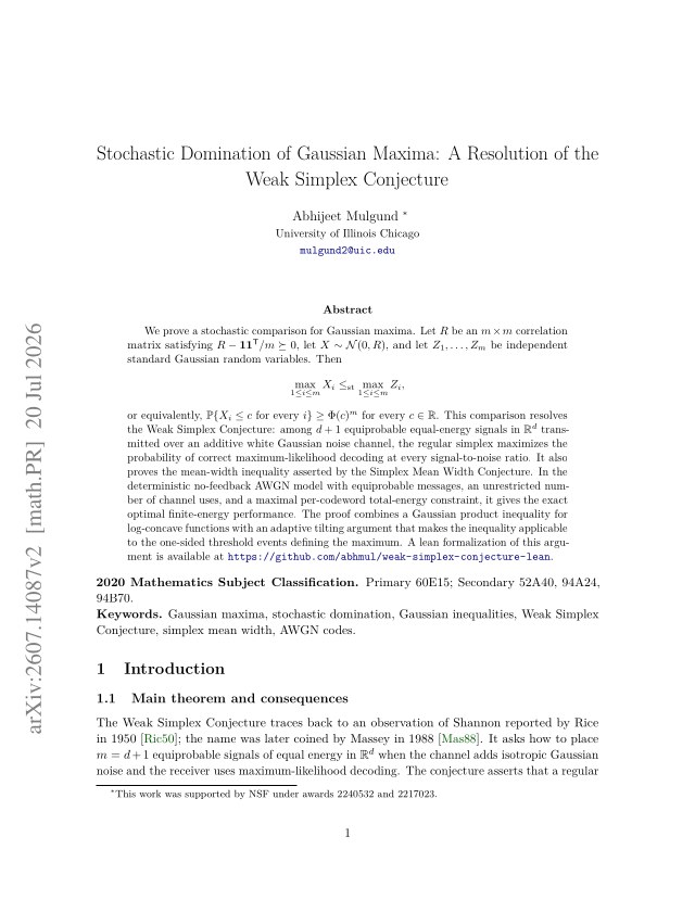 First page of Stochastic Domination of Gaussian Maxima: A Resolution of the Weak Simplex Conjecture