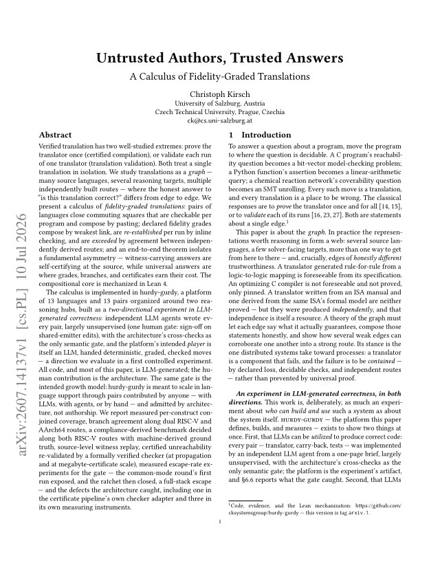 First page of Untrusted Authors, Trusted Answers: A Calculus of Fidelity-Graded Translations