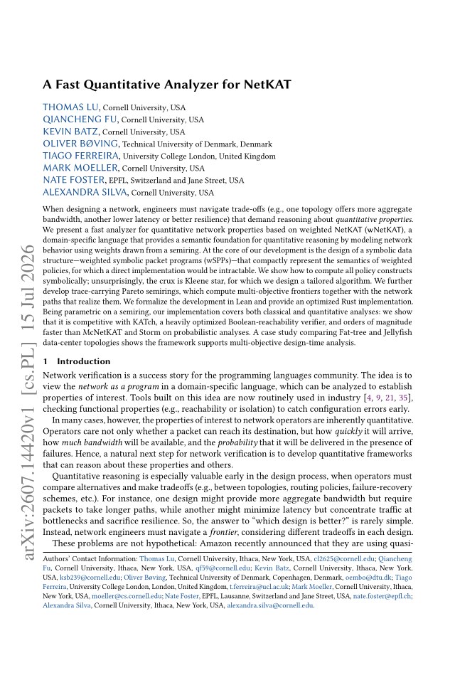 First page of A Fast Quantitative Analyzer for NetKAT