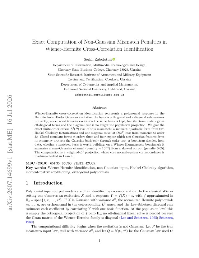 First page of Exact Computation of Non-Gaussian Mismatch Penalties in Wiener-Hermite Cross-Correlation Identification