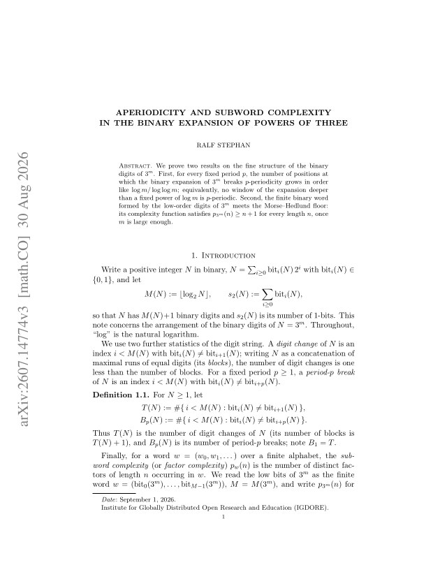 First page of Aperiodicity and subword complexity in the binary expansion of powers of three