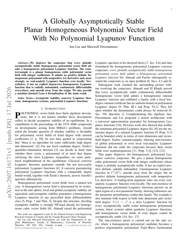 First page of A Globally Asymptotically Stable Planar Homogeneous Polynomial Vector Field With No Polynomial Lyapunov Function