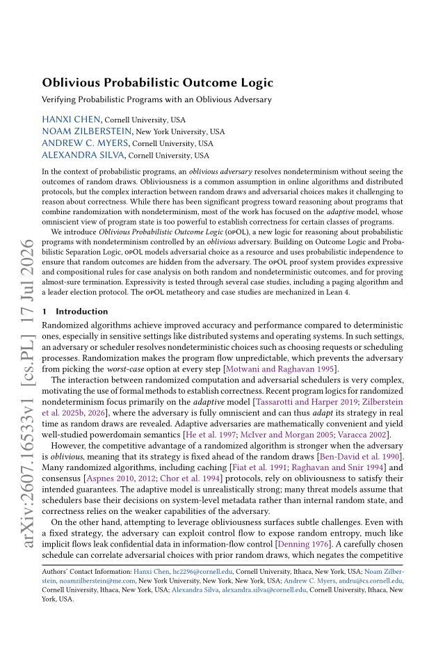 First page of Oblivious Probabilistic Outcome Logic: Verifying Probabilistic Programs with an Oblivious Adversary