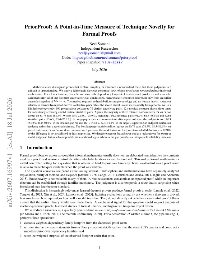 First page of PriorProof: A Point-in-Time Measure of Technique Novelty for Formal Proofs