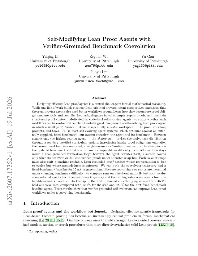 First page of Self-Modifying Lean Proof Agents with Verifier-Grounded Benchmark Coevolution