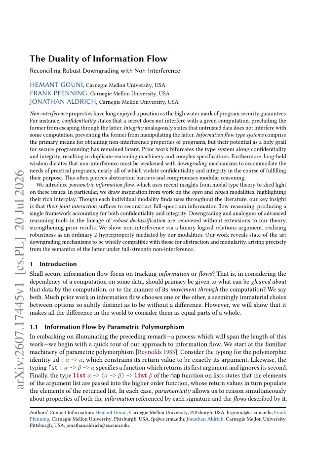 First page of The Duality of Information Flow: Reconciling Robust Downgrading with Non-Interference