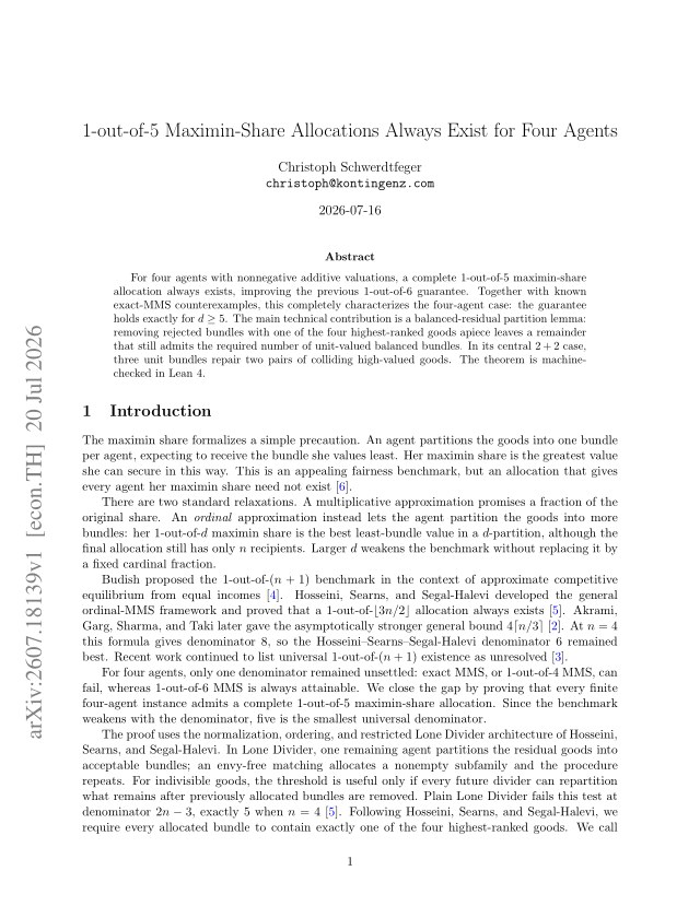 First page of 1-out-of-5 Maximin-Share Allocations Always Exist for Four Agents