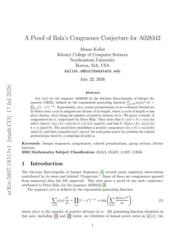 First page of A Proof of Bala's Congruence Conjecture for A028342